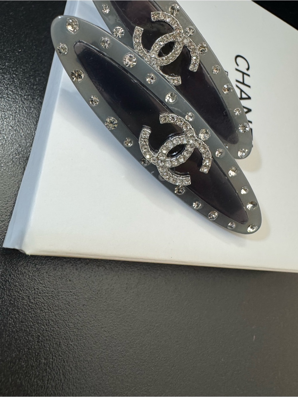 Chanel Black Crystal-Embellished Logo Hair Clips - Pair (set of 2) - Picture 3 of 8